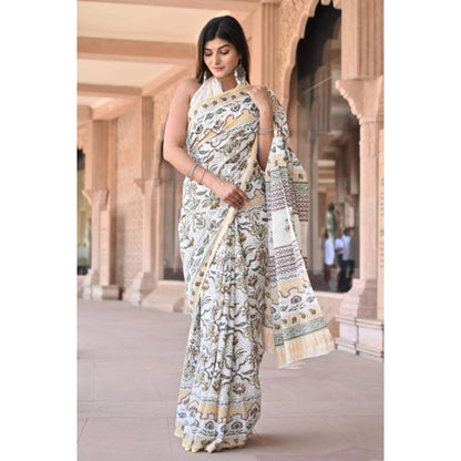 Isadora Life Womens Floral Printed White Pre-Draped Saree With Unstitched Blouse