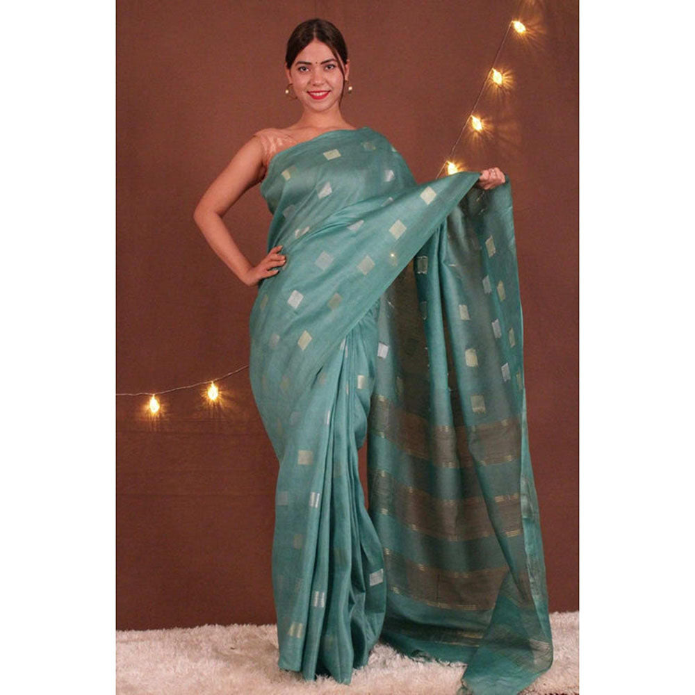 Isadora Life Womens Woven Tassels Blue Pre-Draped Saree With Unstitched Blouse