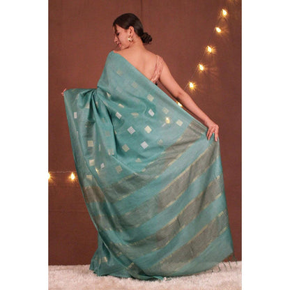 Isadora Life Womens Woven Tassels Blue Pre-Draped Saree With Unstitched Blouse