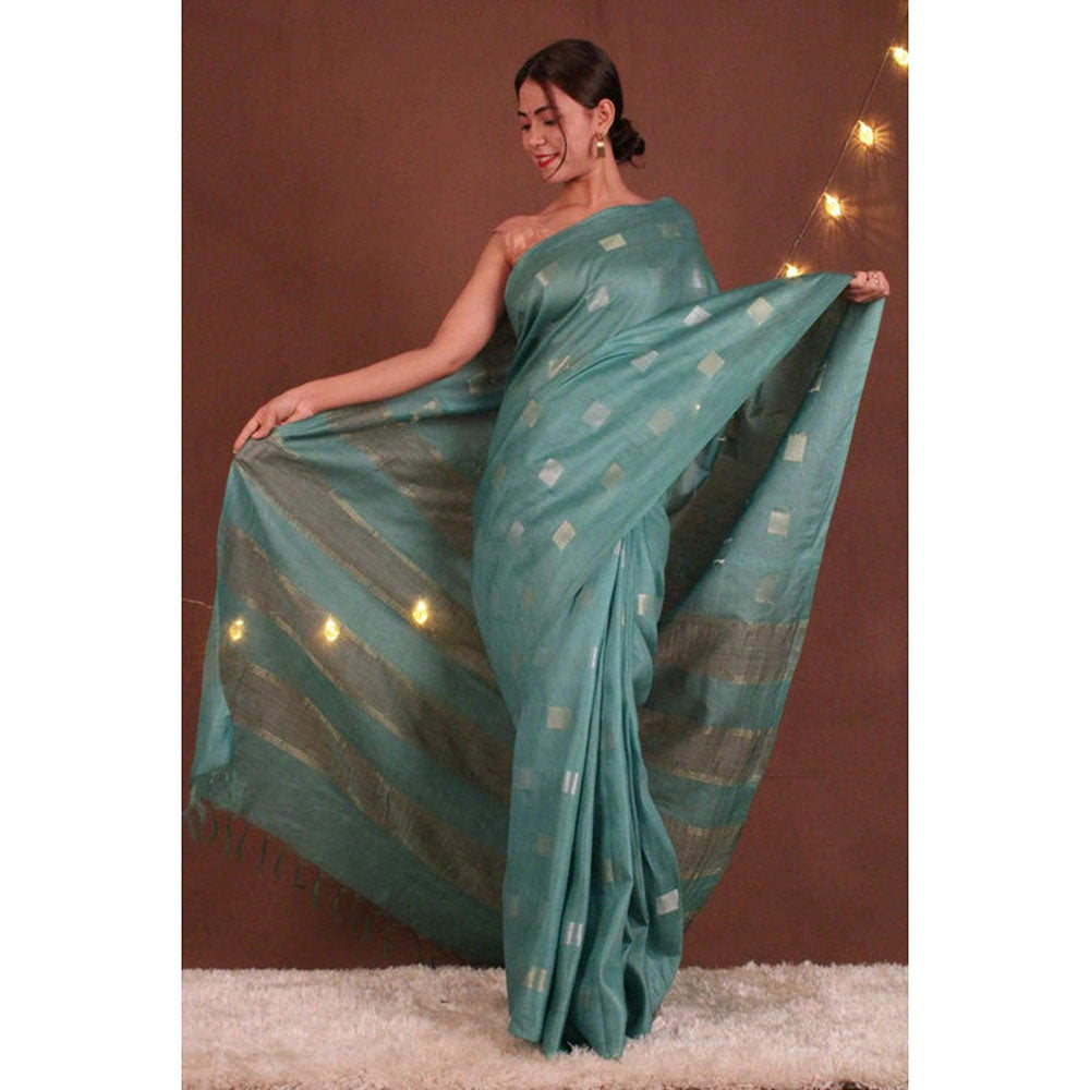 Isadora Life Womens Woven Tassels Blue Pre-Draped Saree With Unstitched Blouse