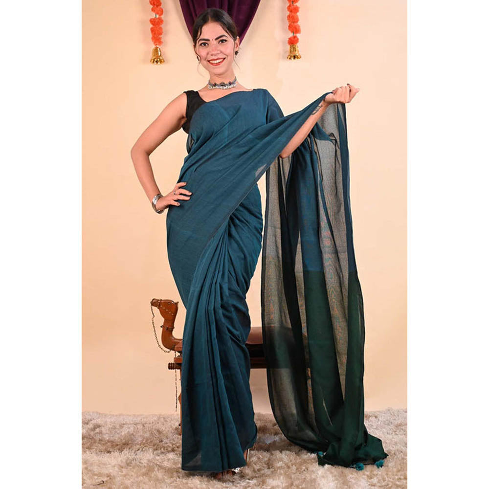 Isadora Life Womens Colorblock Tassels Blue Pre-Draped Saree With Unstitched Blouse