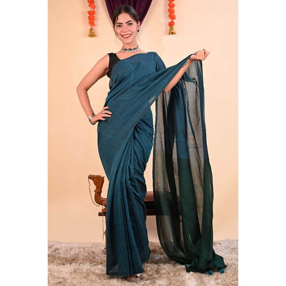 Isadora Life Womens Colorblock Tassels Blue Pre-Draped Saree With Unstitched Blouse