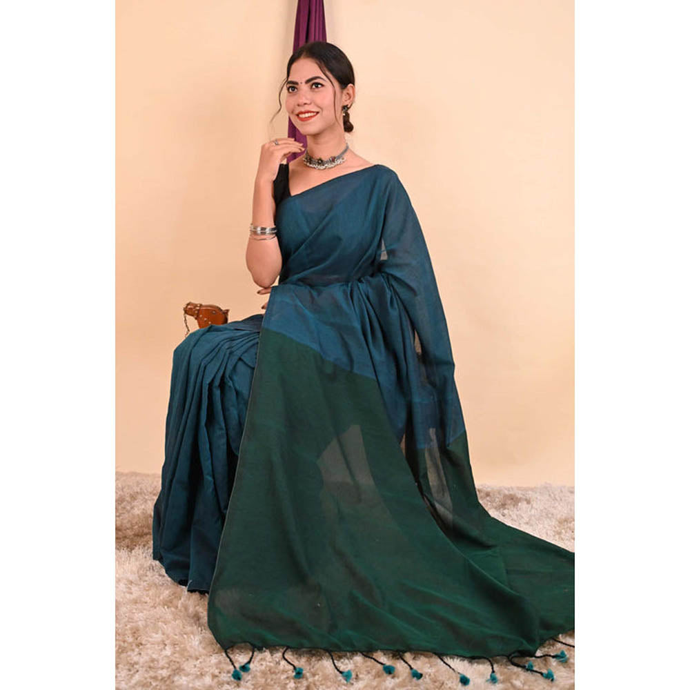 Isadora Life Womens Colorblock Tassels Blue Pre-Draped Saree With Unstitched Blouse