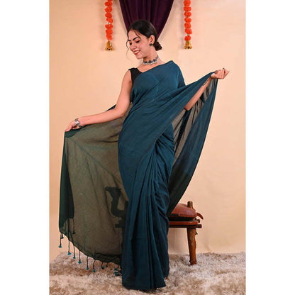 Isadora Life Womens Colorblock Tassels Blue Pre-Draped Saree With Unstitched Blouse