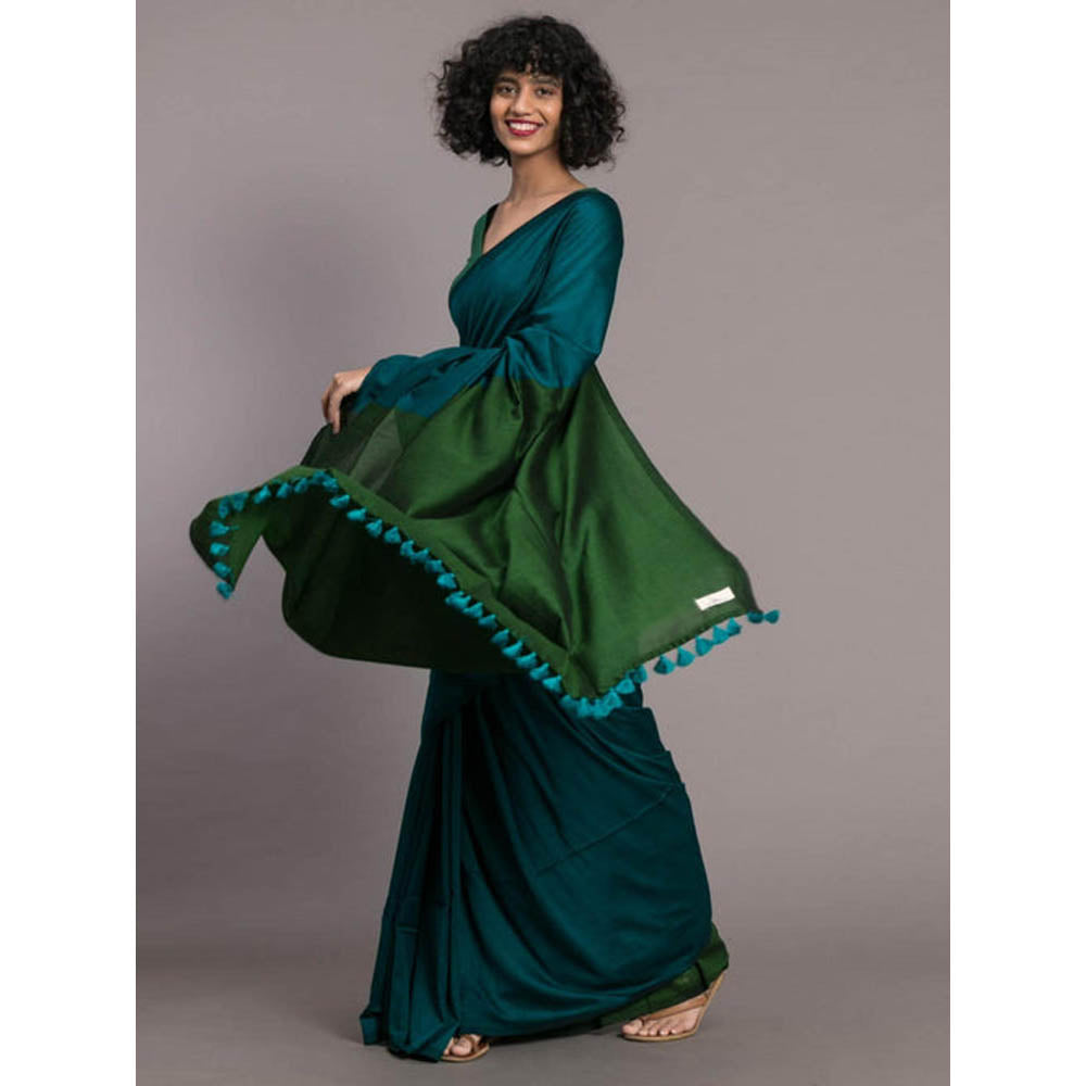 Isadora Life Womens Colorblock Tassels Blue Pre-Draped Saree With Unstitched Blouse