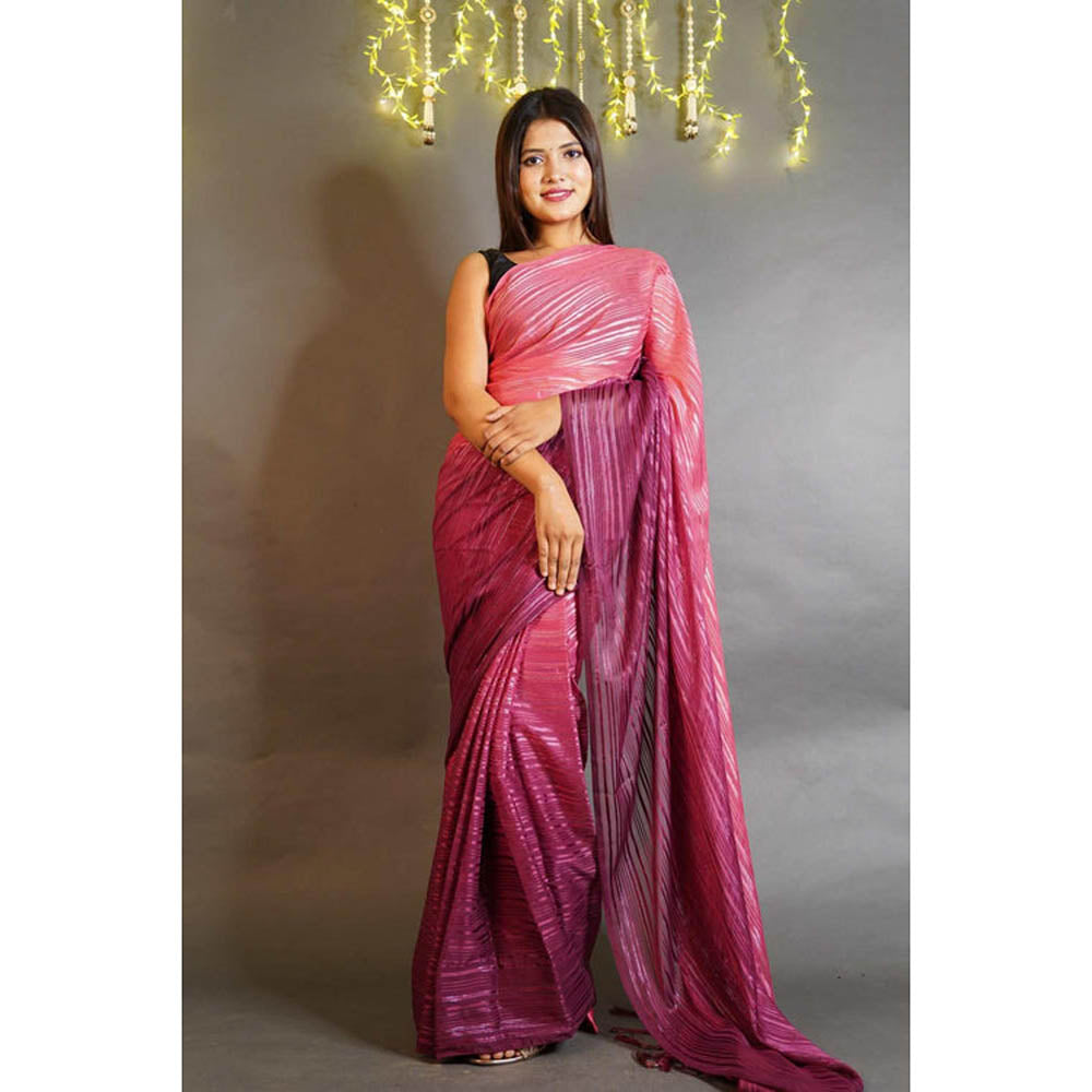 Isadora Life Womens Ombre Tassels Pink Pre-Draped Saree With Unstitched Blouse