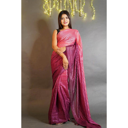 Isadora Life Womens Ombre Tassels Pink Pre-Draped Saree With Unstitched Blouse