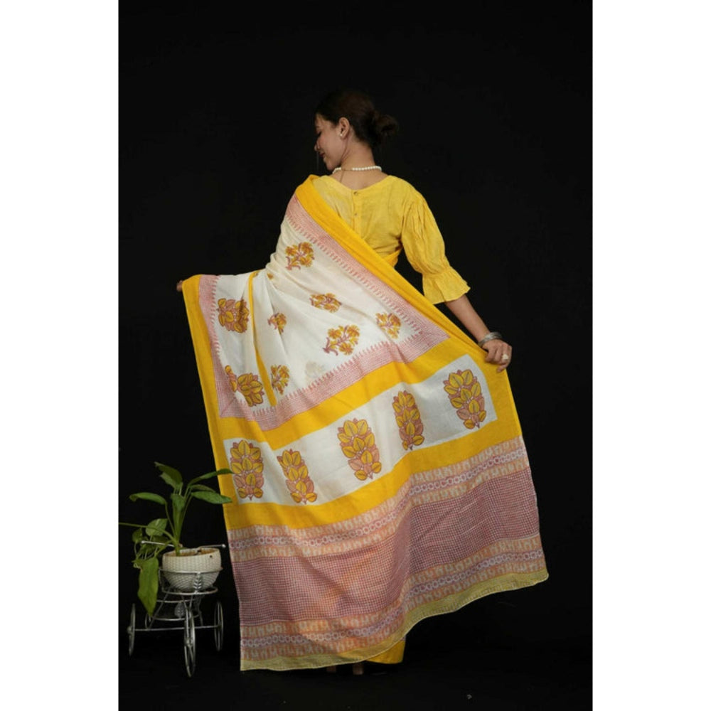 Isadora Life Womens Floral Printed White Pre-Draped Saree With Unstitched Blouse