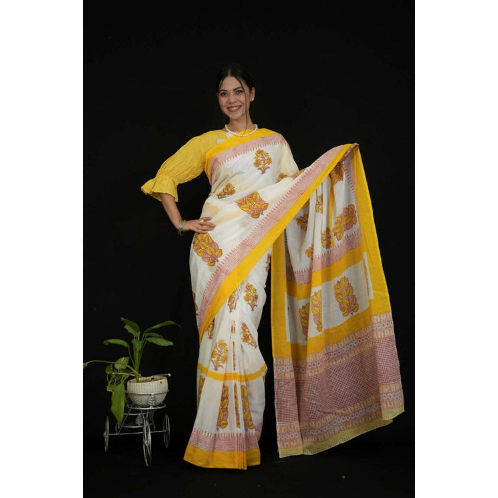 Isadora Life Womens Floral Printed White Pre-Draped Saree With Unstitched Blouse