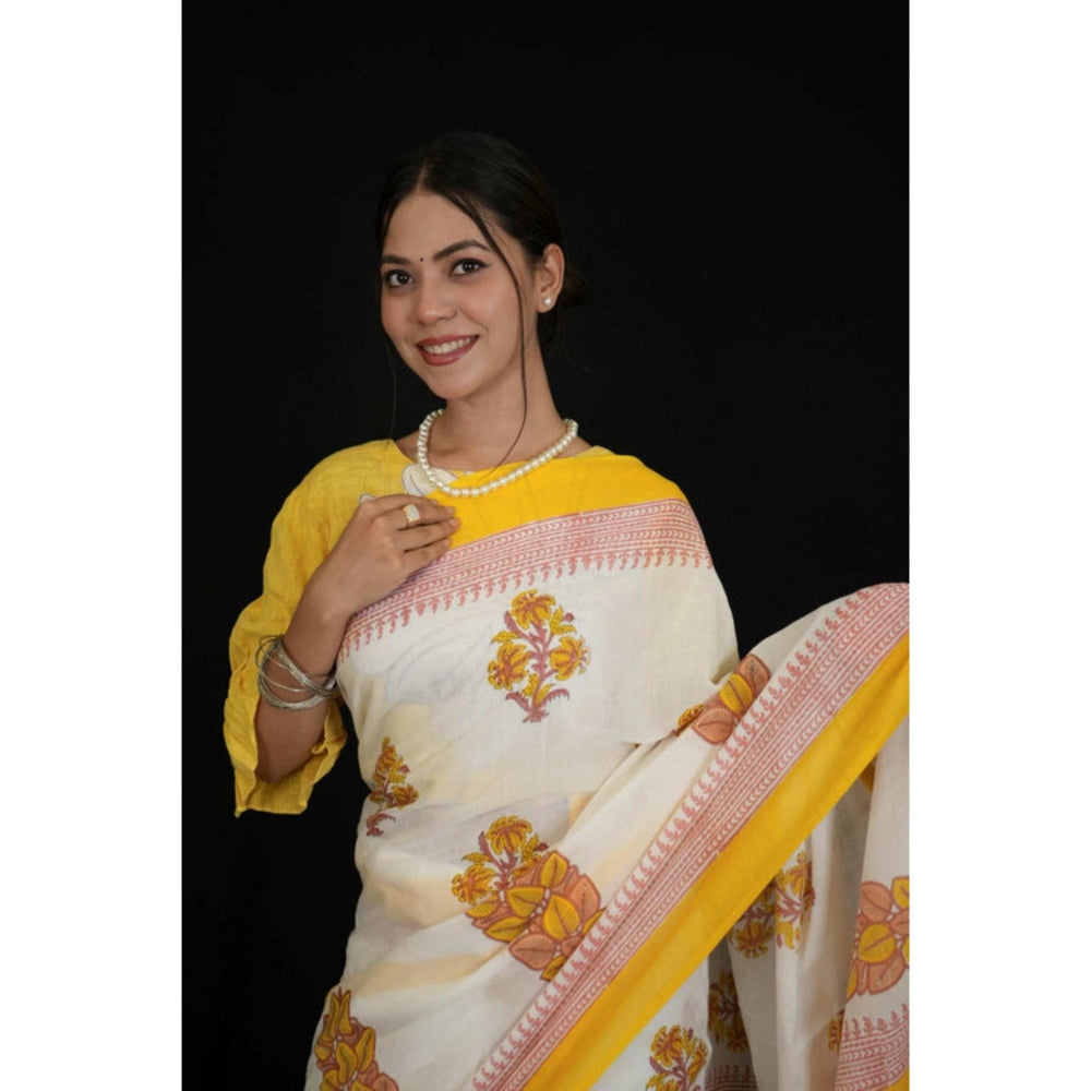 Isadora Life Womens Floral Printed White Pre-Draped Saree With Unstitched Blouse