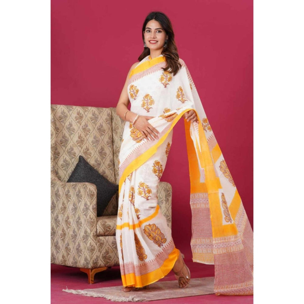 Isadora Life Womens Floral Printed White Pre-Draped Saree With Unstitched Blouse