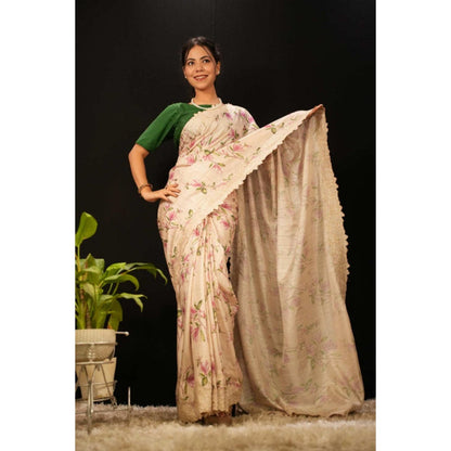 Isadora Life Womens Floral Embroidered Beige Pre-Draped Saree With Unstitched Blouse
