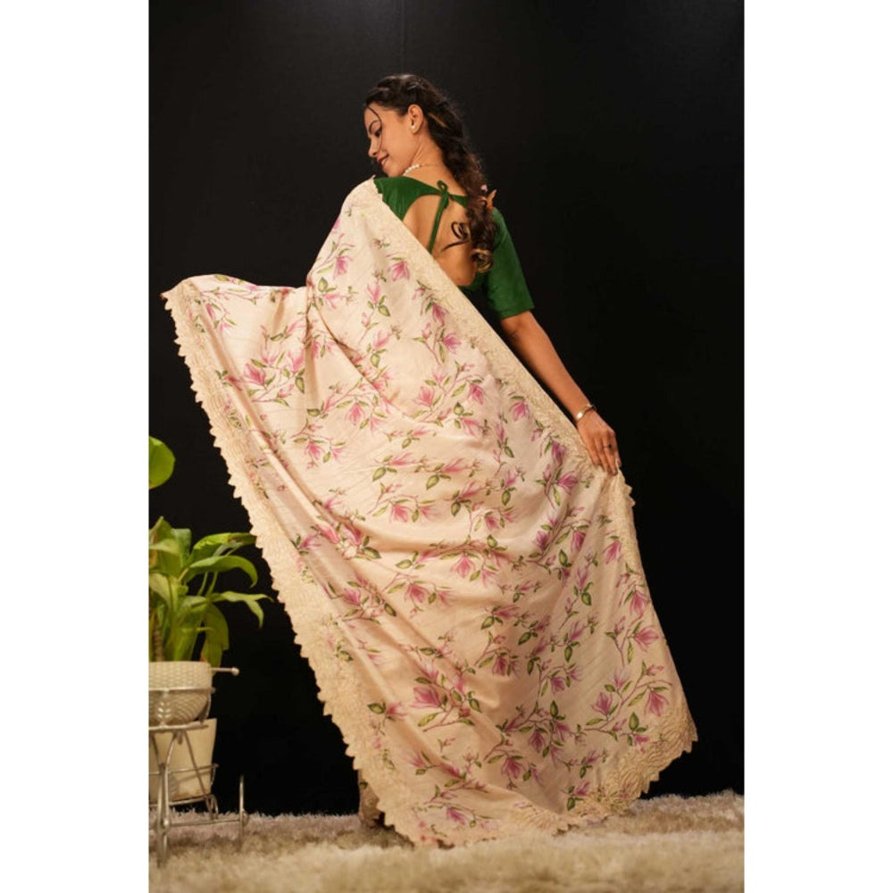 Isadora Life Womens Floral Embroidered Beige Pre-Draped Saree With Unstitched Blouse
