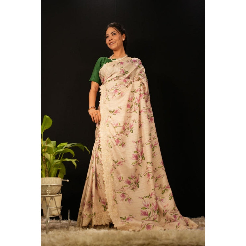 Isadora Life Womens Floral Embroidered Beige Pre-Draped Saree With Unstitched Blouse