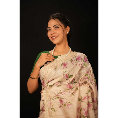 Isadora Life Womens Floral Embroidered Beige Pre-Draped Saree With Unstitched Blouse