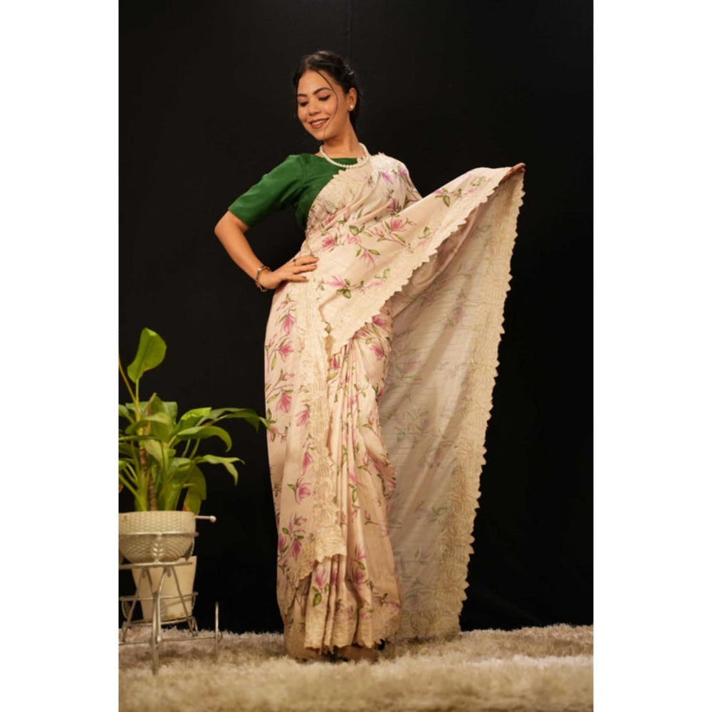 Isadora Life Womens Floral Embroidered Beige Pre-Draped Saree With Unstitched Blouse