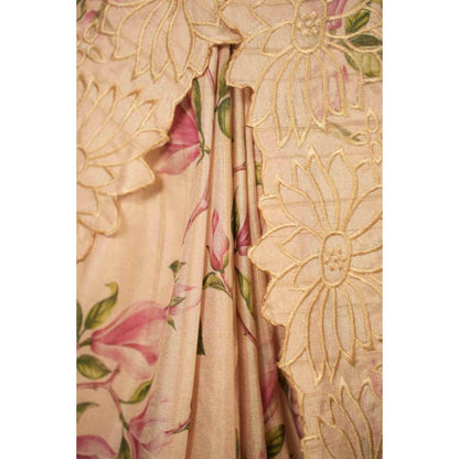 Isadora Life Womens Floral Embroidered Beige Pre-Draped Saree With Unstitched Blouse