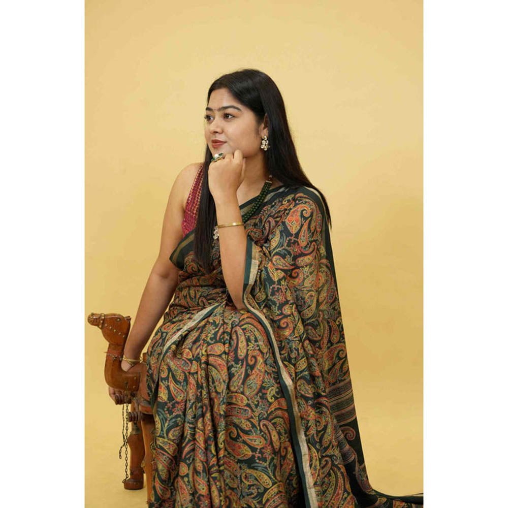 Isadora Life Womens Paisley Printed Multi-Color Pre-Draped Saree With Unstitched Blouse