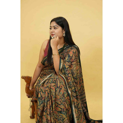 Isadora Life Womens Paisley Printed Multi-Color Pre-Draped Saree With Unstitched Blouse