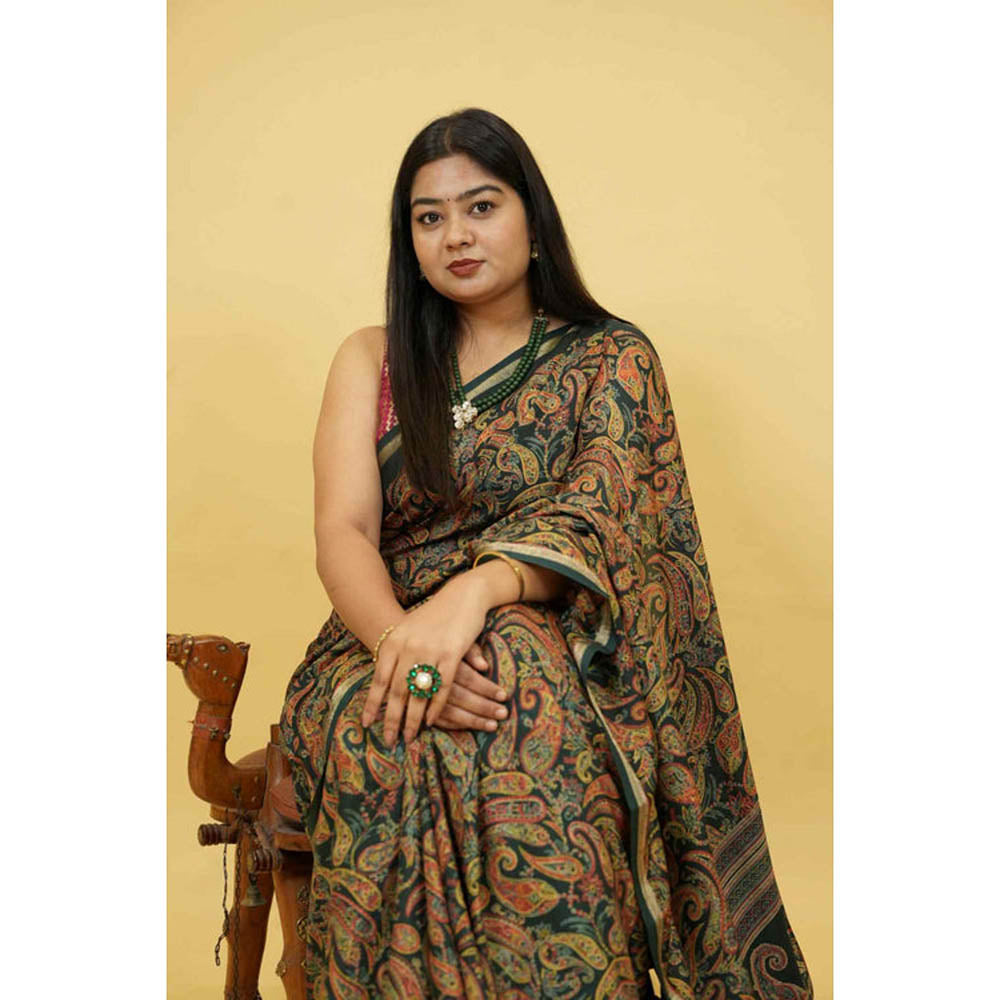 Isadora Life Womens Paisley Printed Multi-Color Pre-Draped Saree With Unstitched Blouse