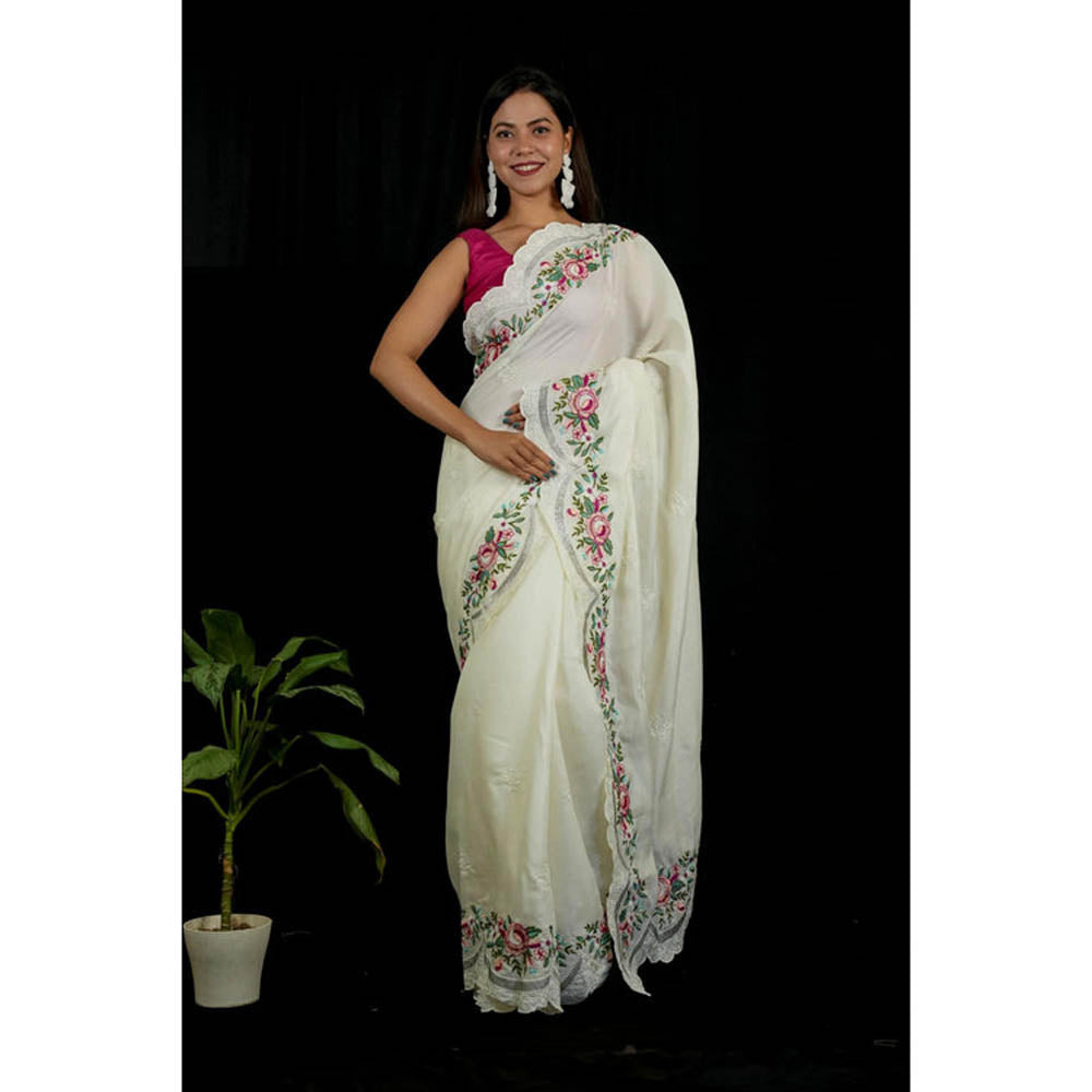 Isadora Life Womens Floral Embroidered White Pre-Draped Saree With Unstitched Blouse