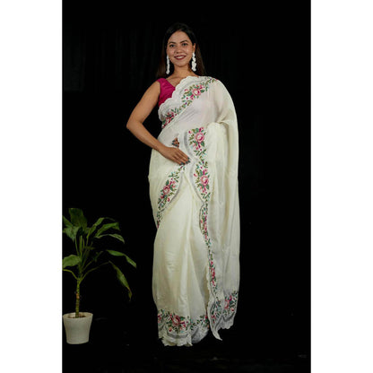 Isadora Life Womens Floral Embroidered White Pre-Draped Saree With Unstitched Blouse