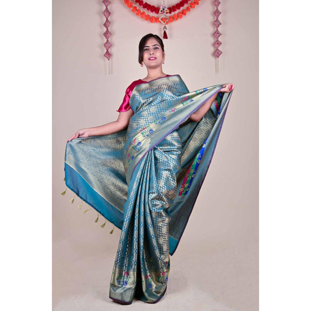 Isadora Life Womens Woven Tassels Blue Pre-Draped Saree With Unstitched Blouse