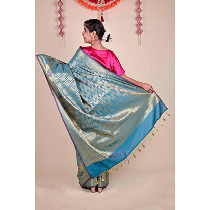 Isadora Life Womens Woven Tassels Blue Pre-Draped Saree With Unstitched Blouse