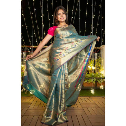 Isadora Life Womens Woven Tassels Blue Pre-Draped Saree With Unstitched Blouse