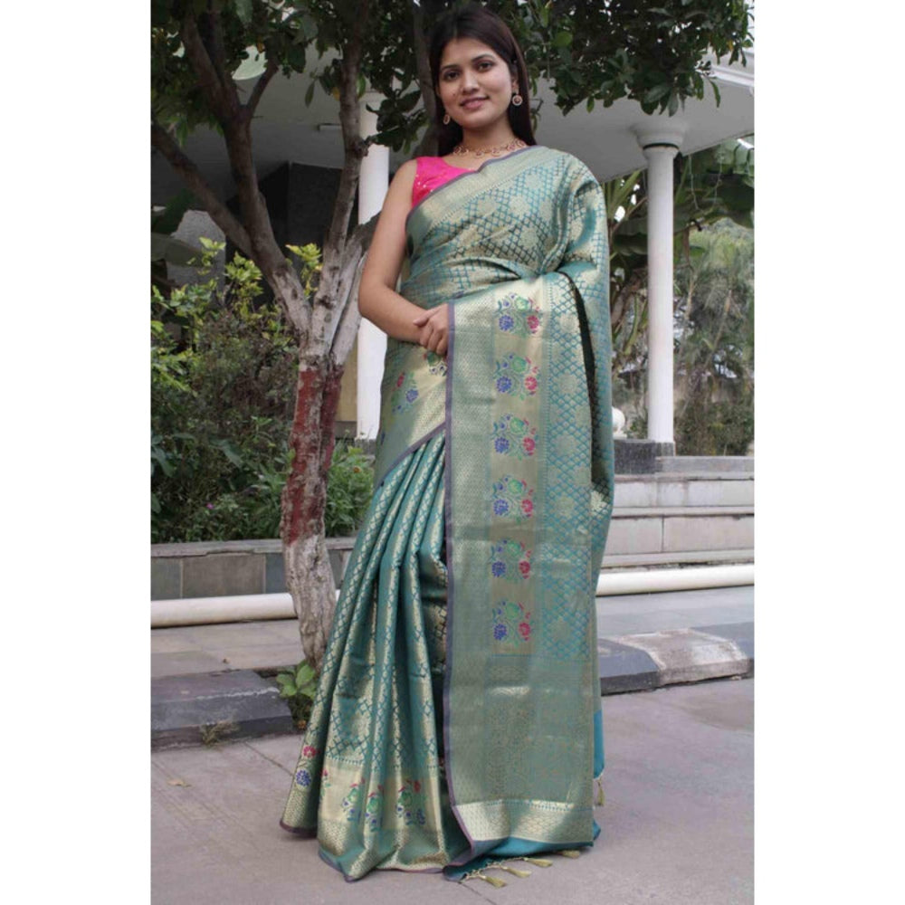 Isadora Life Womens Woven Tassels Blue Pre-Draped Saree With Unstitched Blouse