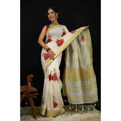 Isadora Life Womens Woven Tassels White Pre-Draped Saree With Unstitched Blouse