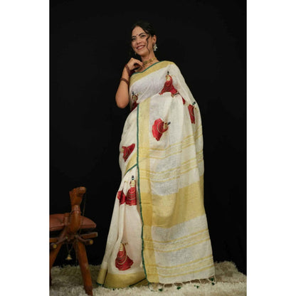 Isadora Life Womens Woven Tassels White Pre-Draped Saree With Unstitched Blouse