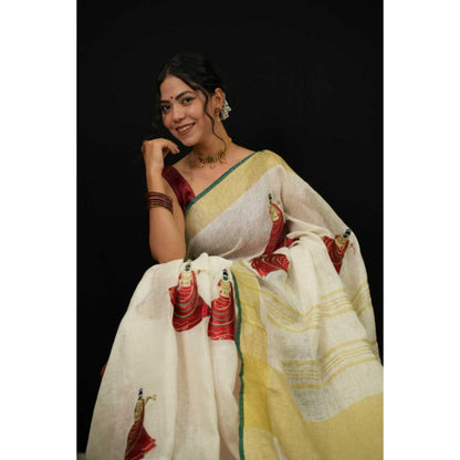 Isadora Life Womens Woven Tassels White Pre-Draped Saree With Unstitched Blouse