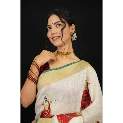 Isadora Life Womens Woven Tassels White Pre-Draped Saree With Unstitched Blouse