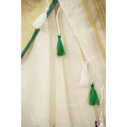 Isadora Life Womens Woven Tassels White Pre-Draped Saree With Unstitched Blouse