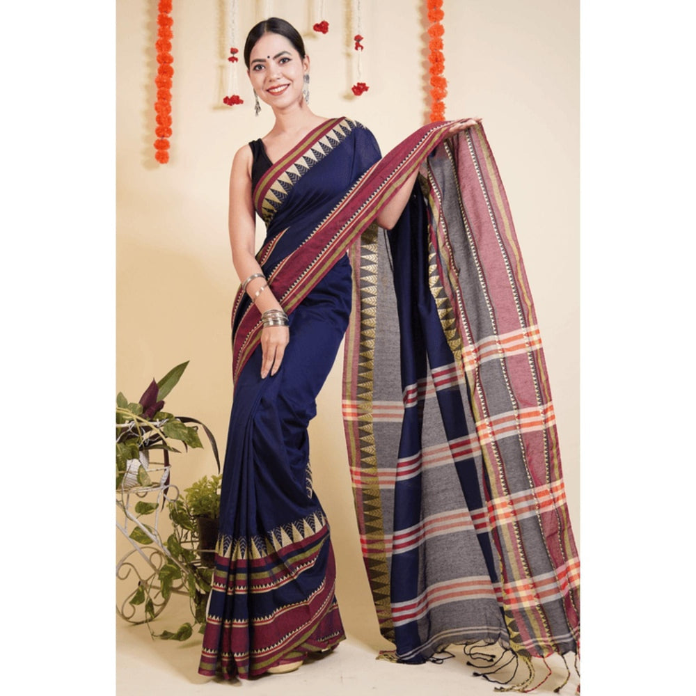 Isadora Life Womens Woven Tassels Navy Blue Pre-Draped Saree With Unstitched Blouse