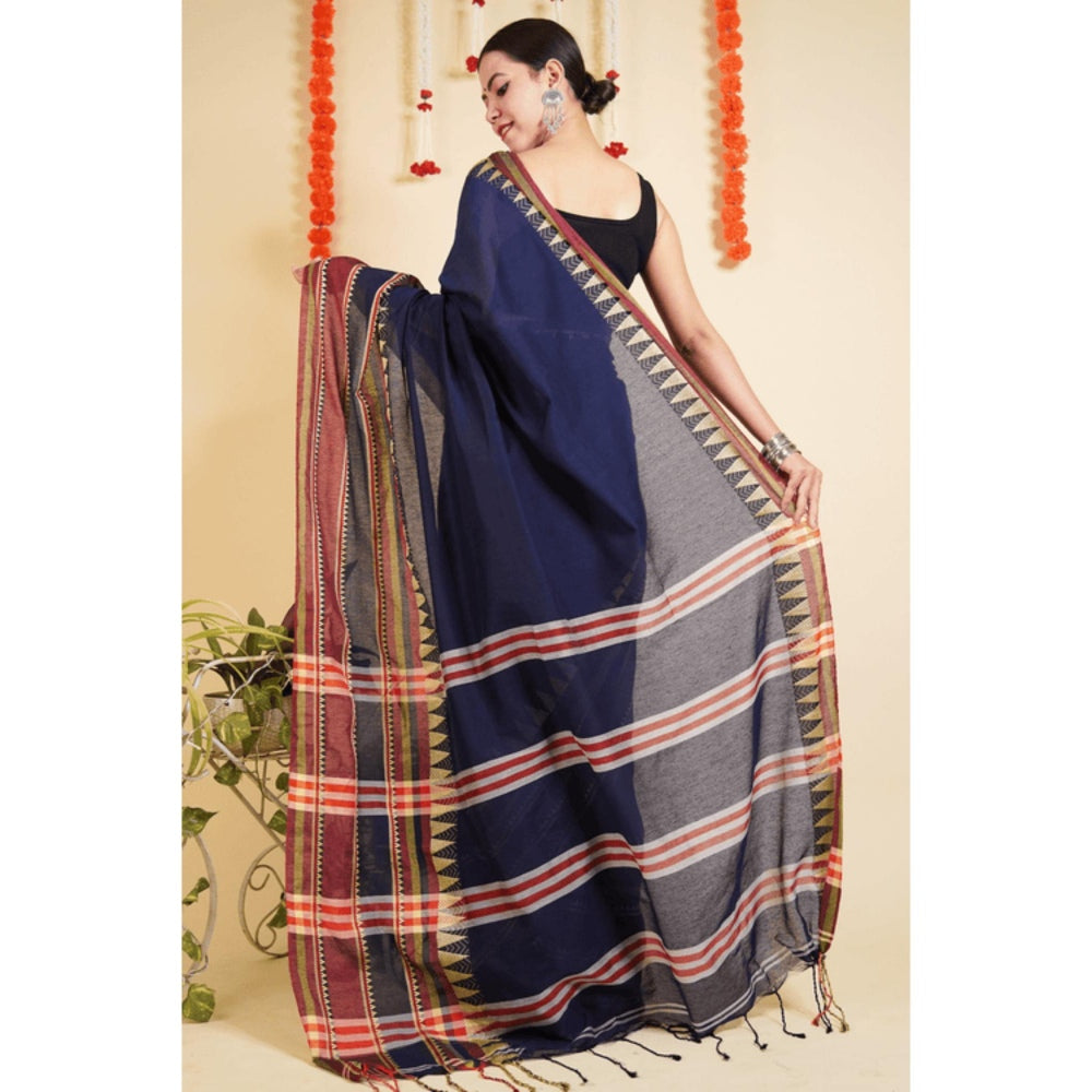 Isadora Life Womens Woven Tassels Navy Blue Pre-Draped Saree With Unstitched Blouse