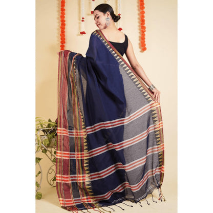 Isadora Life Womens Woven Tassels Navy Blue Pre-Draped Saree With Unstitched Blouse