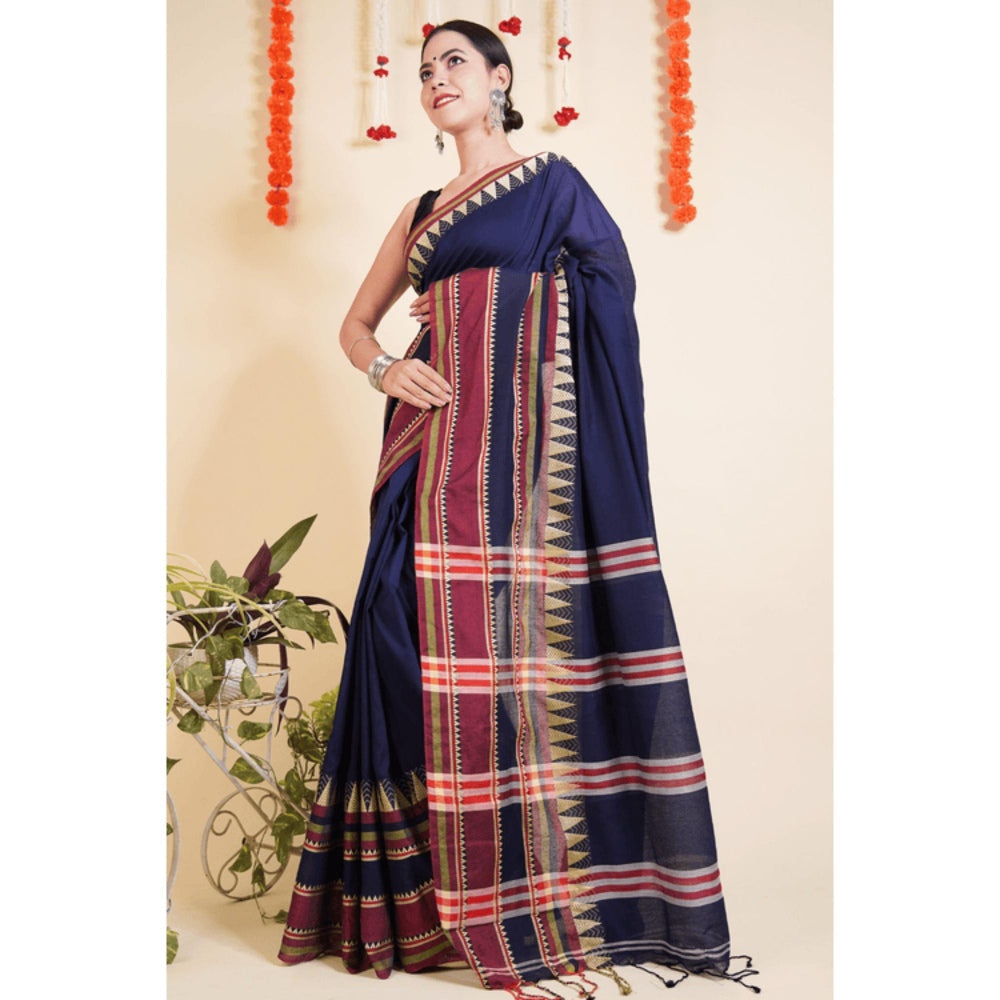 Isadora Life Womens Woven Tassels Navy Blue Pre-Draped Saree With Unstitched Blouse
