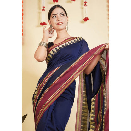 Isadora Life Womens Woven Tassels Navy Blue Pre-Draped Saree With Unstitched Blouse