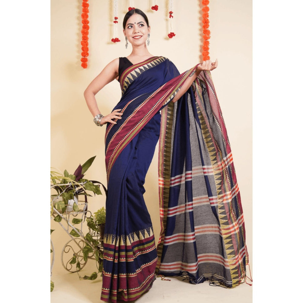 Isadora Life Womens Woven Tassels Navy Blue Pre-Draped Saree With Unstitched Blouse
