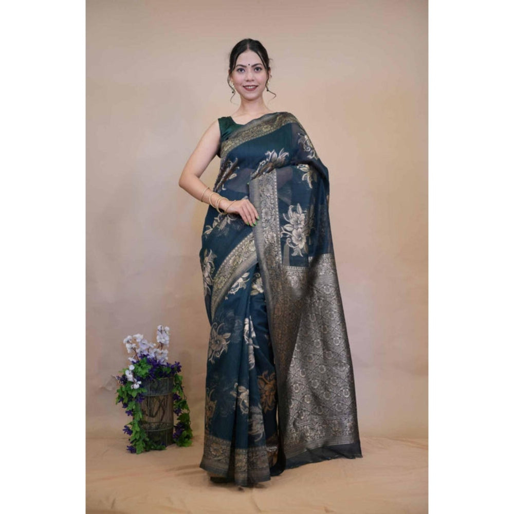 Isadora Life Womens Woven Zari Blue Pre-Draped Saree With Unstitched Blouse
