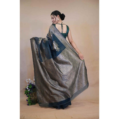 Isadora Life Womens Woven Zari Blue Pre-Draped Saree With Unstitched Blouse