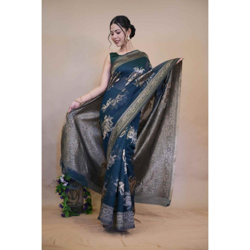 Isadora Life Womens Woven Zari Blue Pre-Draped Saree With Unstitched Blouse