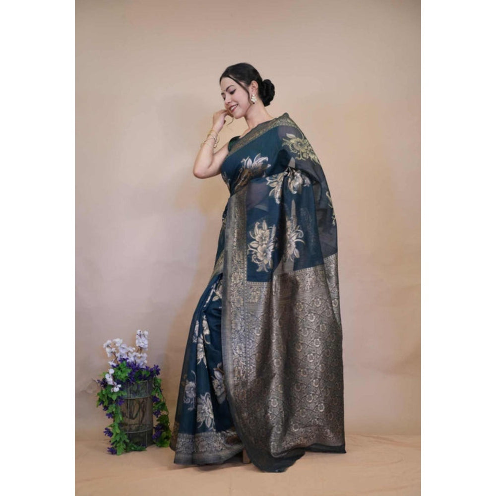 Isadora Life Womens Woven Zari Blue Pre-Draped Saree With Unstitched Blouse