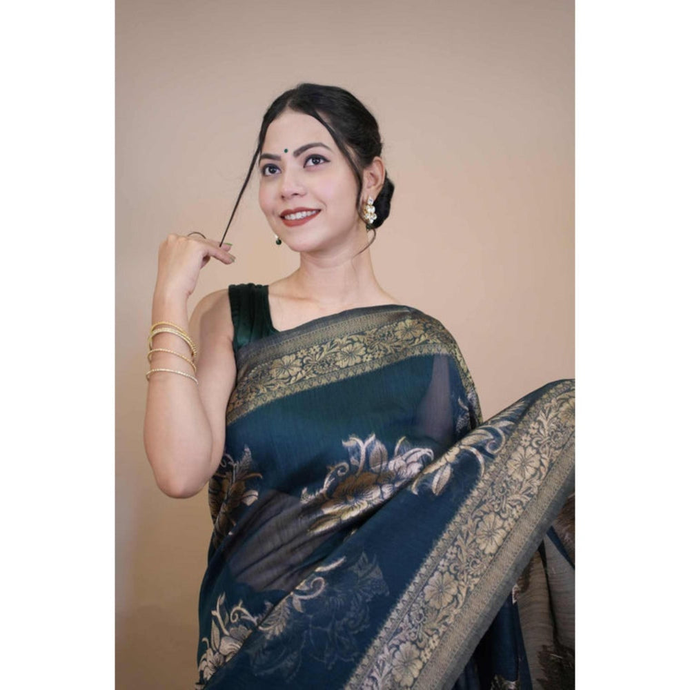 Isadora Life Womens Woven Zari Blue Pre-Draped Saree With Unstitched Blouse