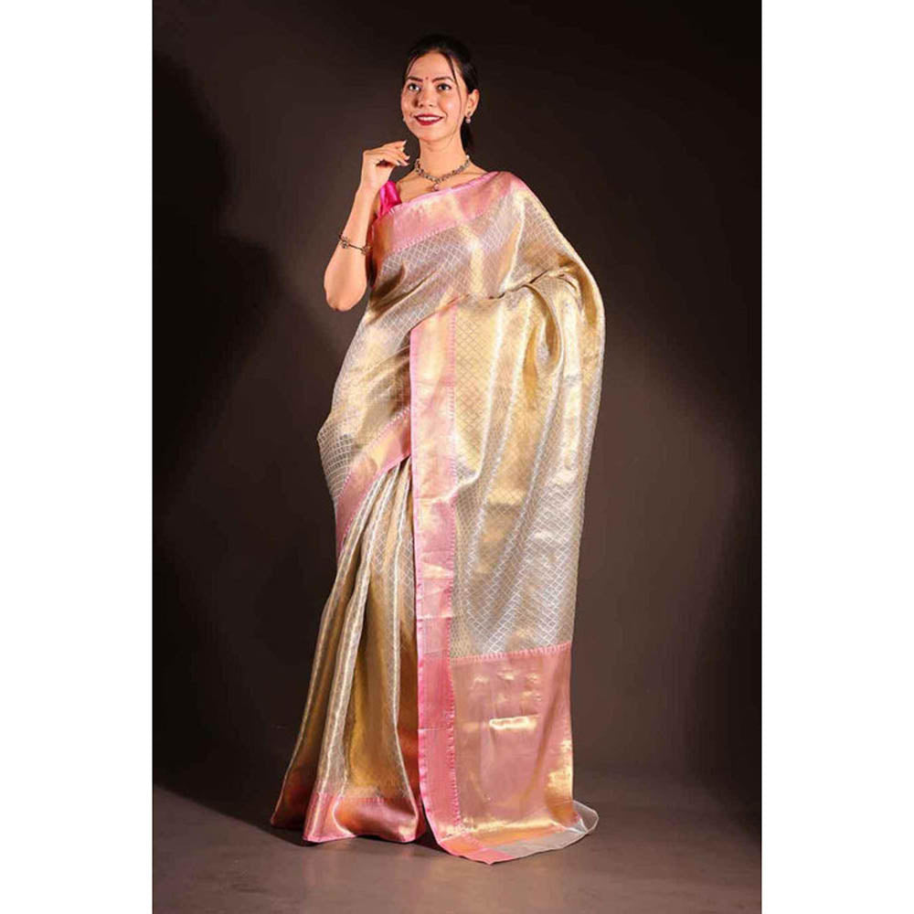 Isadora Life Womens Woven Zari Beige Pre-Draped Saree With Unstitched Blouse