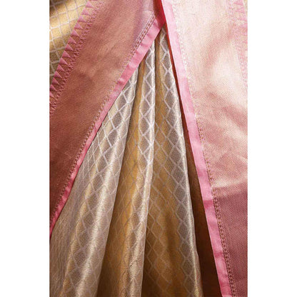 Isadora Life Womens Woven Zari Beige Pre-Draped Saree With Unstitched Blouse