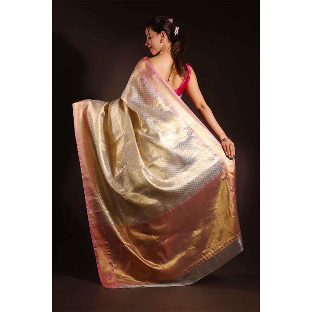 Isadora Life Womens Woven Zari Beige Pre-Draped Saree With Unstitched Blouse