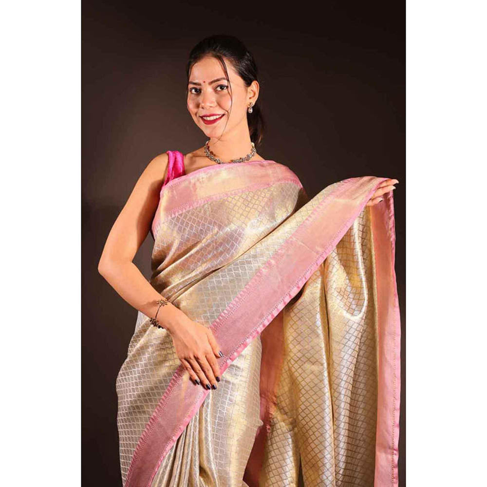 Isadora Life Womens Woven Zari Beige Pre-Draped Saree With Unstitched Blouse